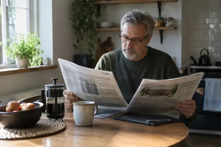 A reader comparing two printed news pages with unreadable text at a small table.