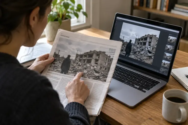 A person comparing a printed newspaper photograph with its original archive page on a laptop.
