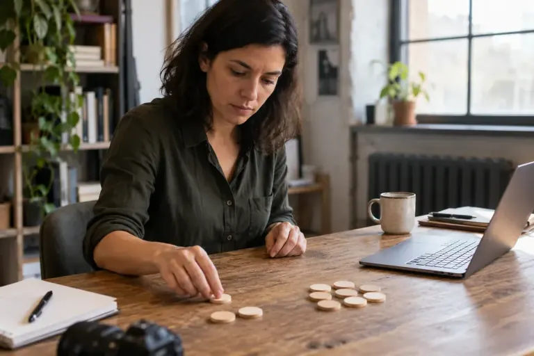 A journalist arranging plain wooden counting tokens into two unequal groups on a desk.