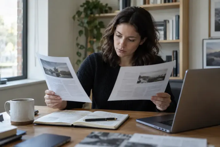 A journalist comparing two printed pages at a desk with a notebook and unbranded laptop.