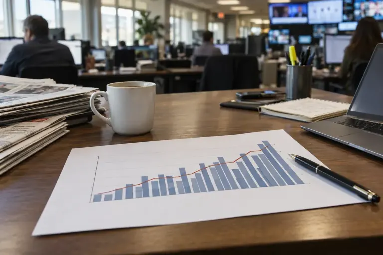 A newsroom desk with a simple unlabelled daily bar chart and a smoother line on paper.