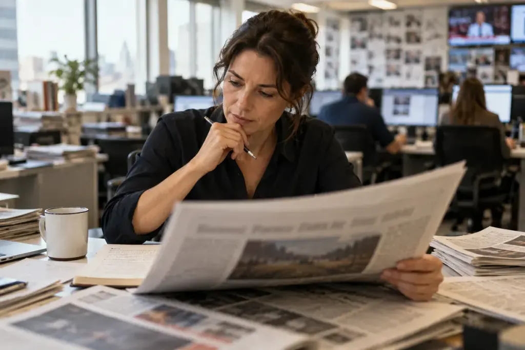 An editor reviewing a printed news page.