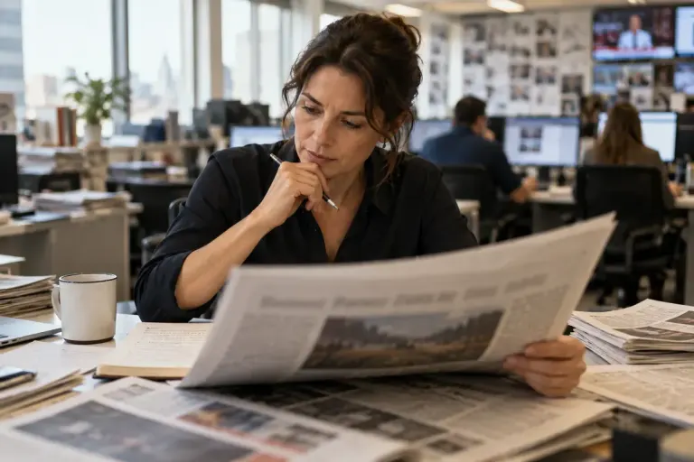 An editor reviewing a printed news page.