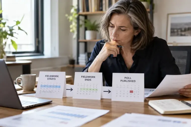 An editor reviewing a generic poll timeline with calendar cards on a desk.