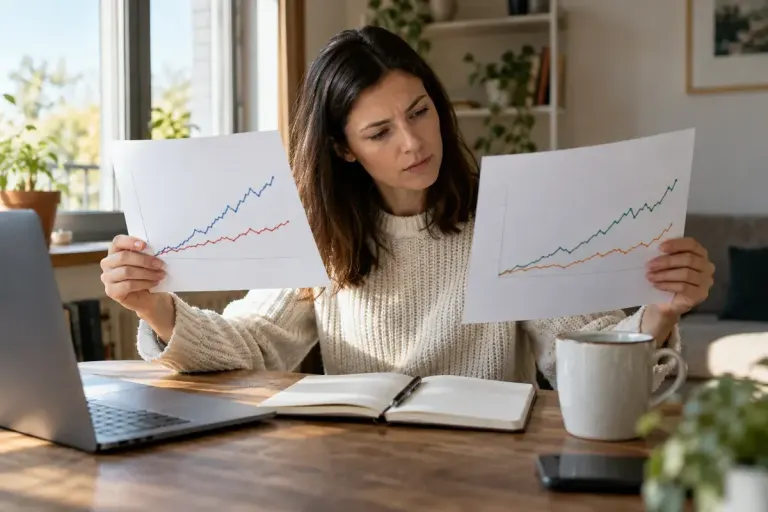 Reader comparing two printed line charts rebased to the same starting point at a desk.