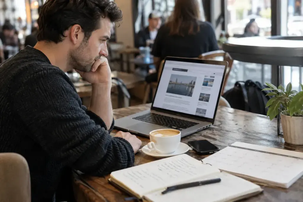 A reader reviewing a generic news page beside a calendar and notes in a café.