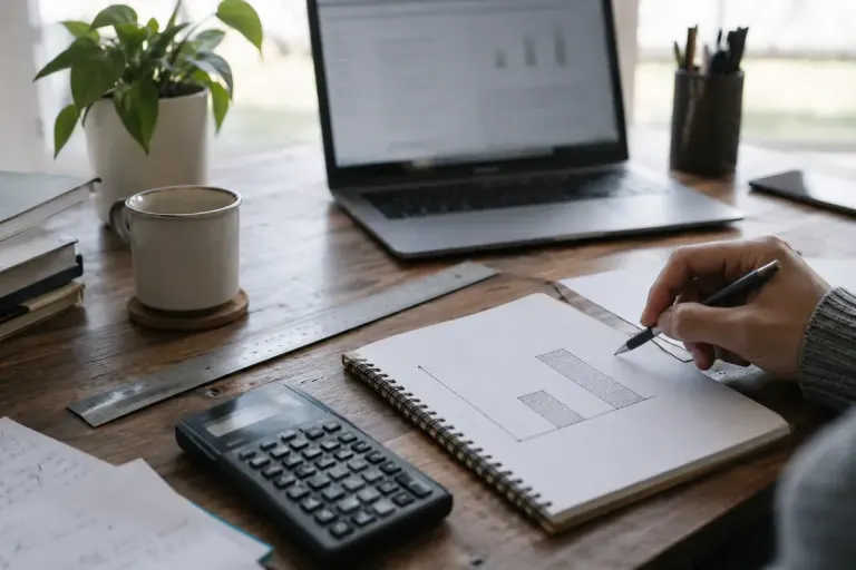 A calculator and notebook with a simple unlabelled bar sketch on an editorial research desk.