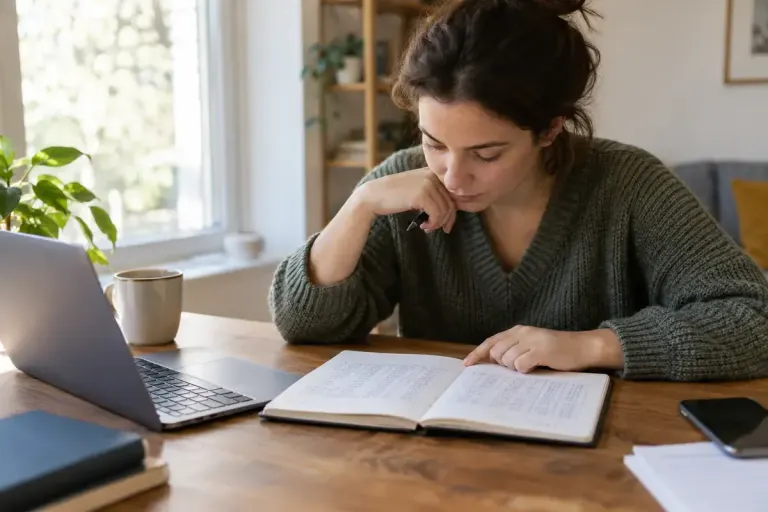 A reader comparing two simple demographic tables in a notebook beside a laptop.