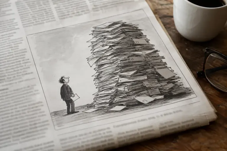 A generic original editorial cartoon of a tiny person facing an oversized pile of paperwork on a newspaper page, no real public figures.