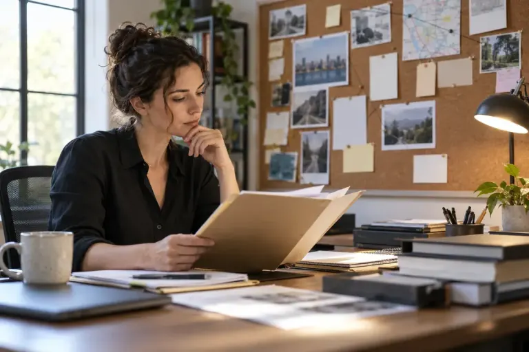 A researcher examining a folder of business records with some empty spaces on a pinboard, no legible words, thoughtful desk scene.