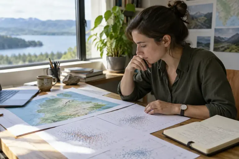 A researcher studying printed scatter plots and a regional outline map at a daylight desk with no readable labels.
