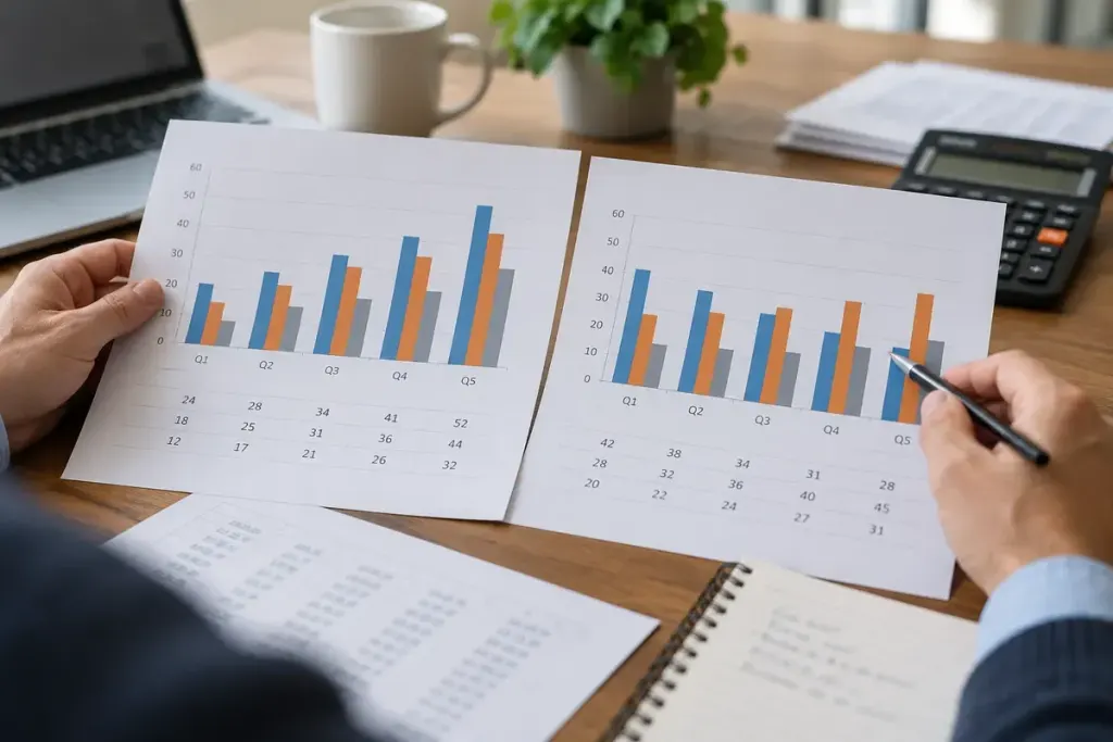 A neutral analyst comparing two simple bar charts on paper beside a calculator, no political logos or readable labels.